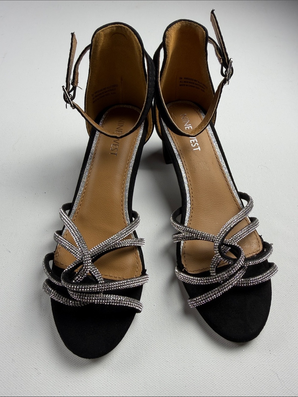 NINE WEST GIRLS FALLY BLACK RHINESTONE BLOCK HEEL SANDALS SIZE 2